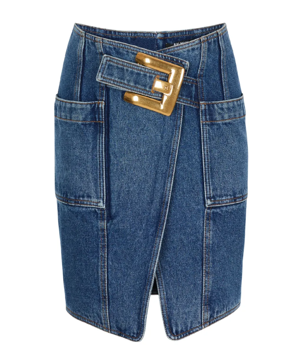 Balmain Belted Short Denim Skirt