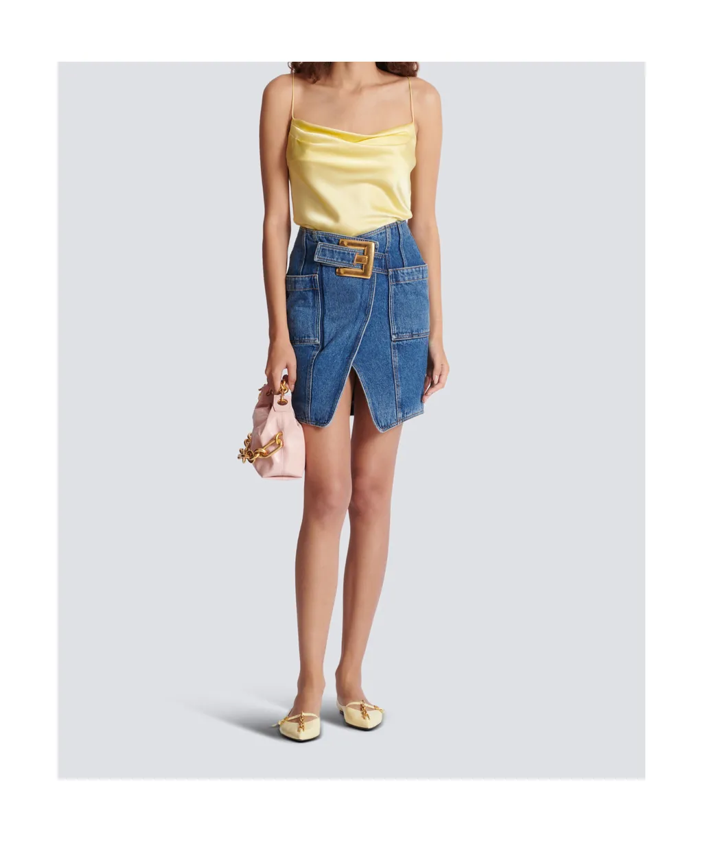 Balmain Belted Short Denim Skirt