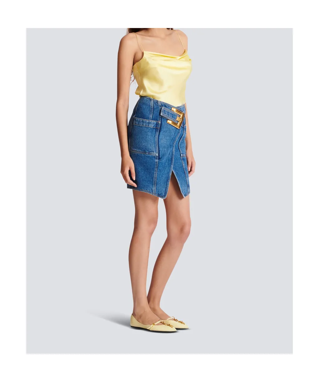 Balmain Belted Short Denim Skirt