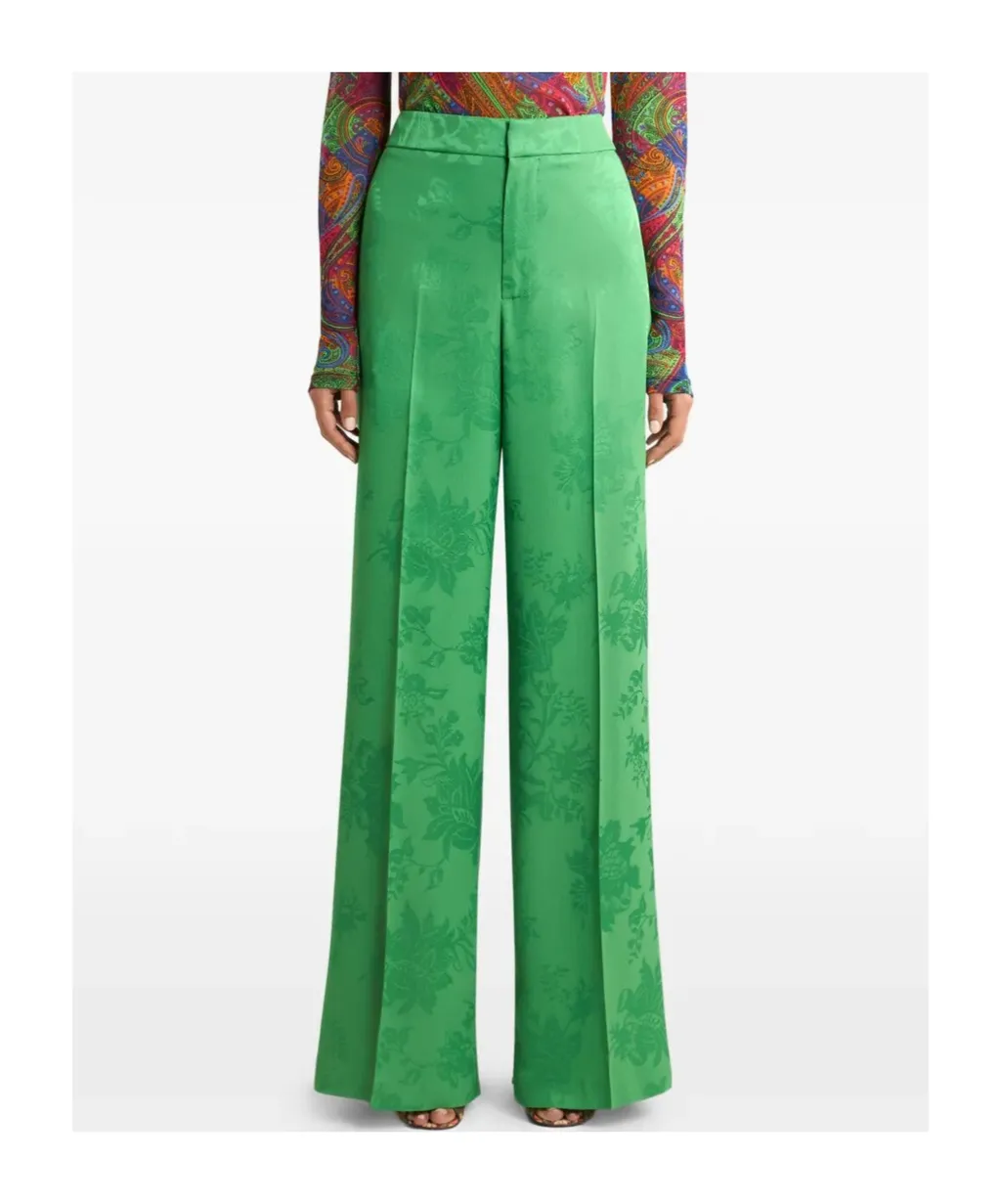 Wide-Leg Jacquard Trousers With Floral Motif