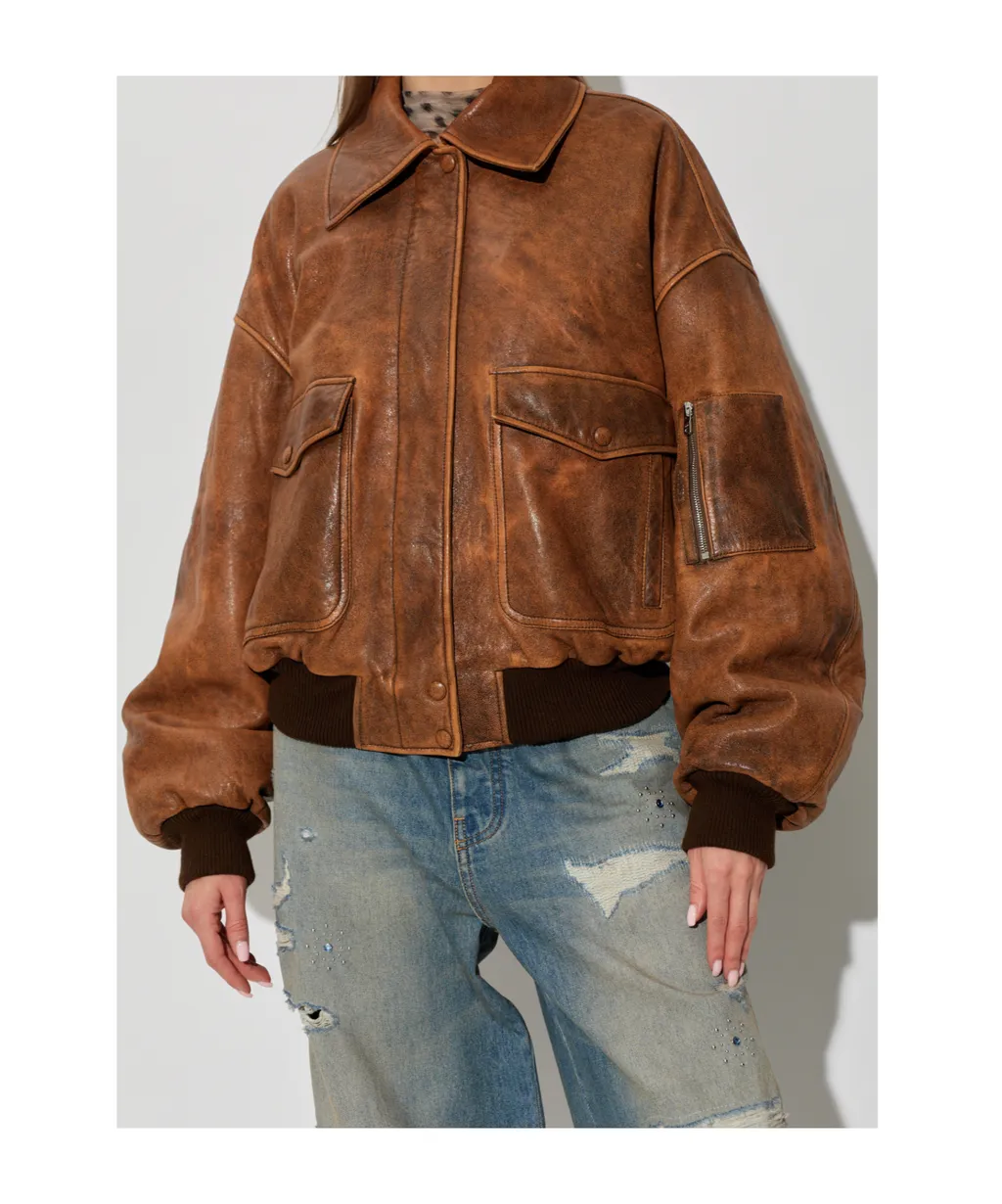 Pockets Zip-Up Leather Jacket
