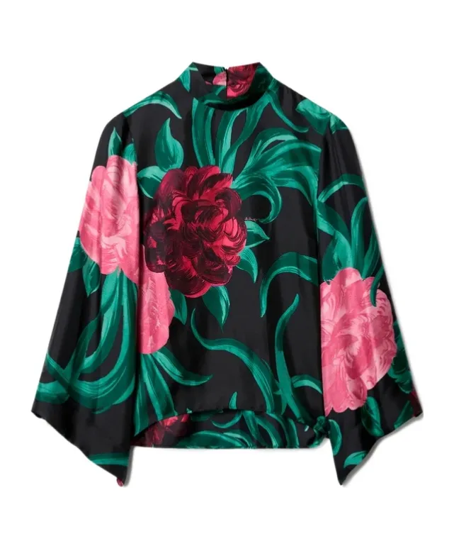 La Doublej Peony Print Silk Top
