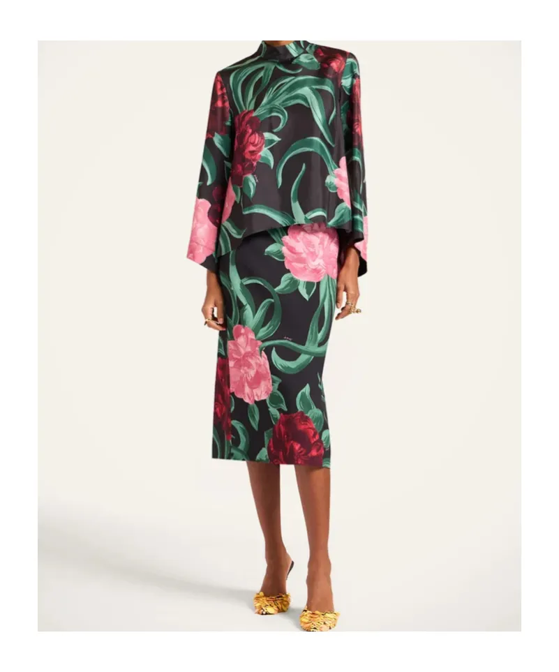 La Doublej Peony Print Silk Top