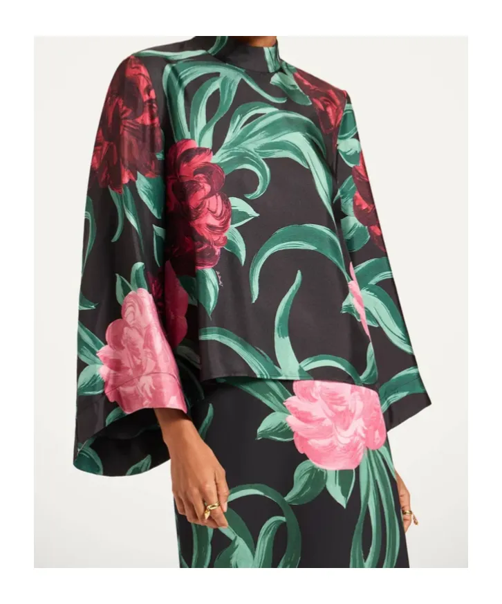La Doublej Peony Print Silk Top