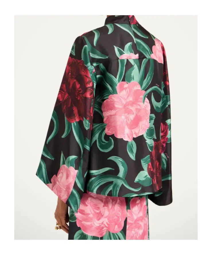 La Doublej Peony Print Silk Top