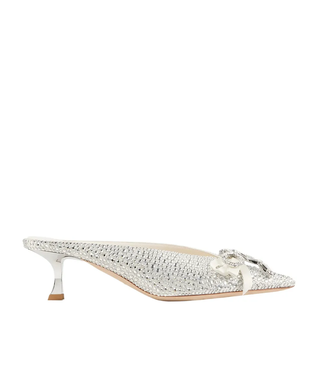 Ivory Satin And Princess Crystal Hotfix Mules With Bow Embellishment