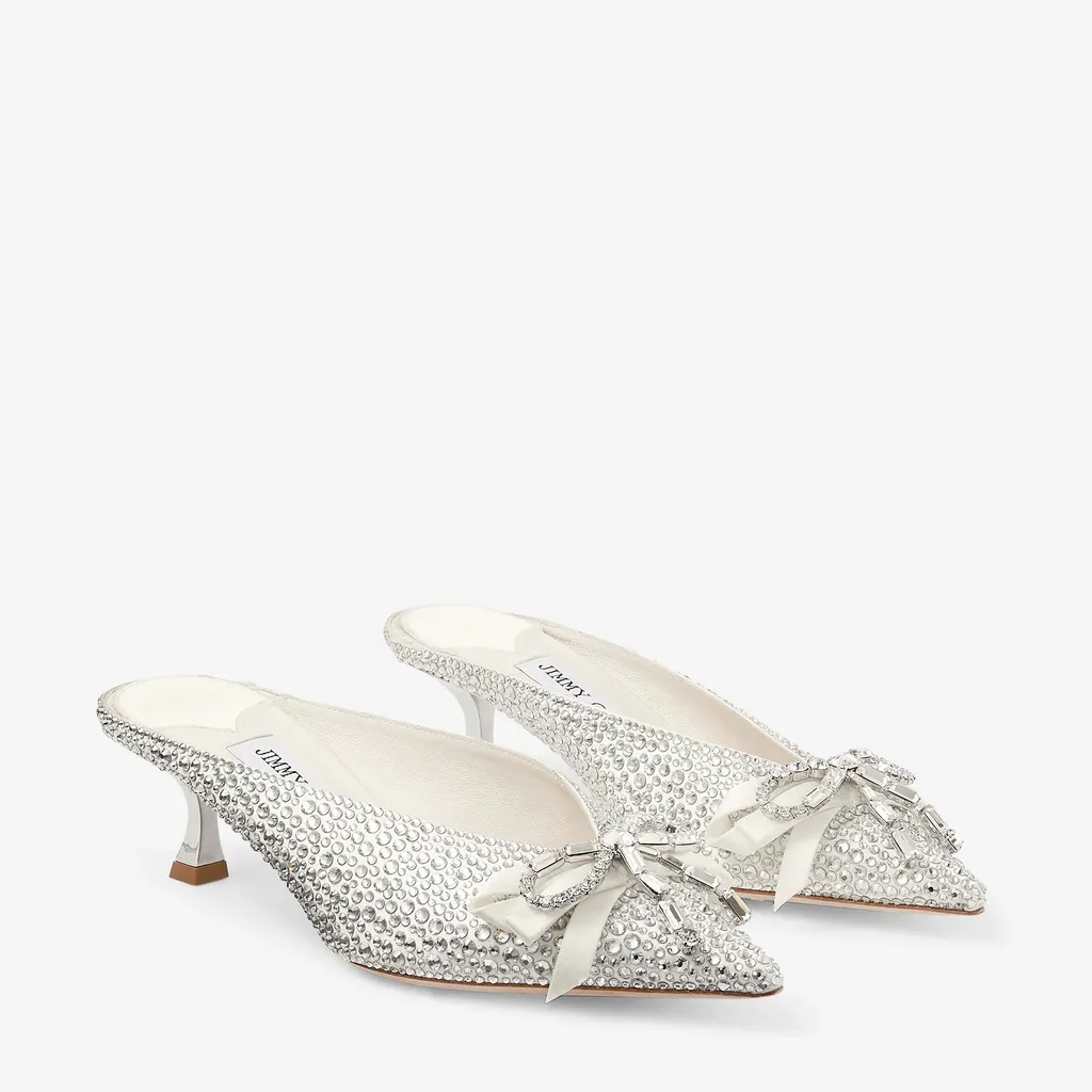 Ivory Satin And Princess Crystal Hotfix Mules With Bow Embellishment