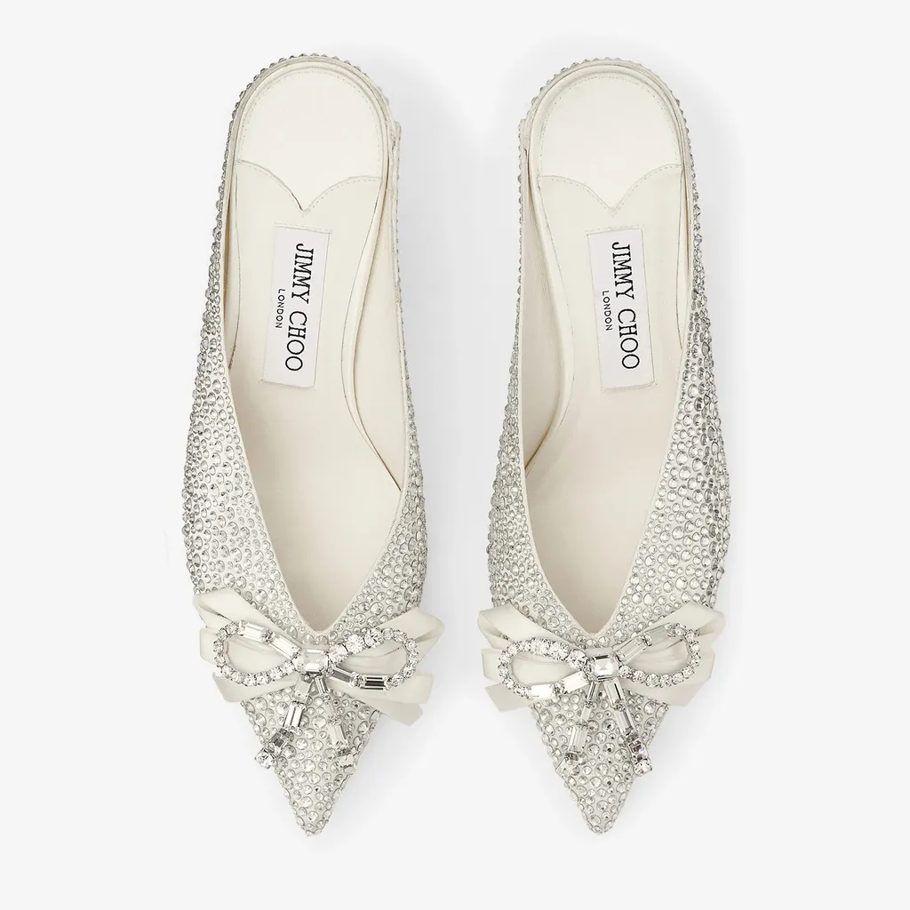 Ivory Satin And Princess Crystal Hotfix Mules With Bow Embellishment