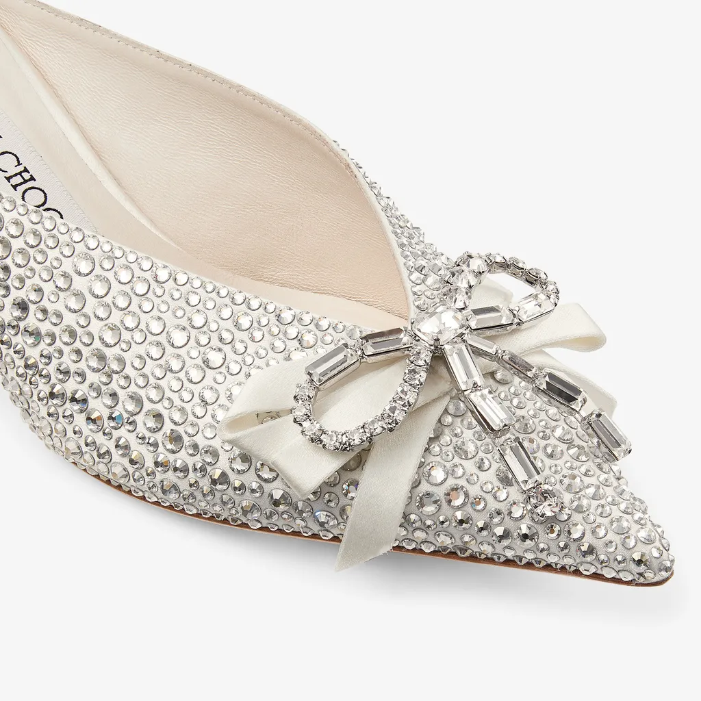 Ivory Satin And Princess Crystal Hotfix Mules With Bow Embellishment