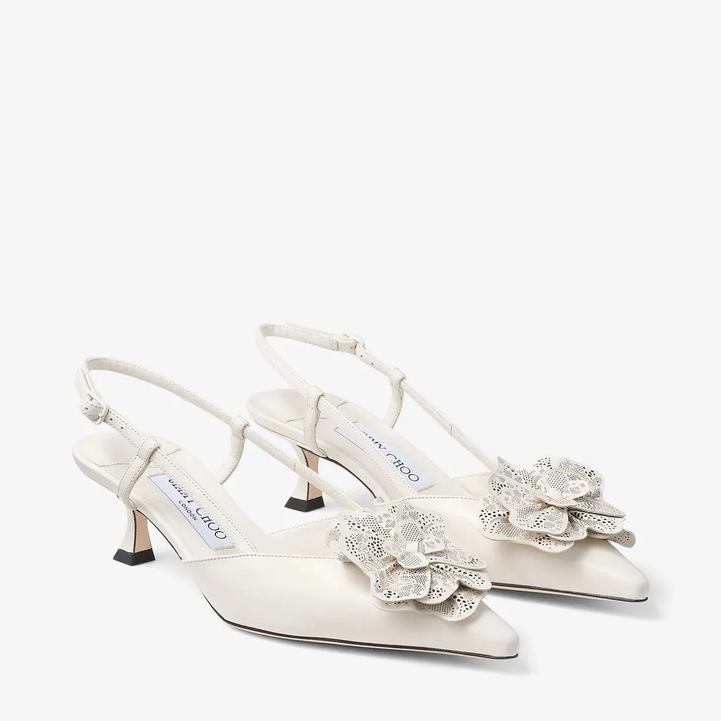 Latte Shiny Nappa Leather Slingbacks With Lace Corsage