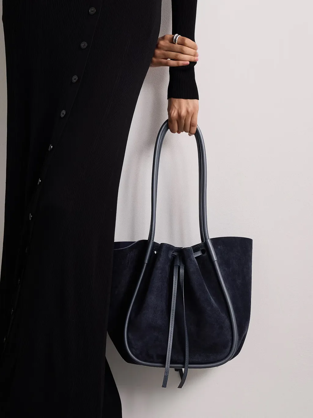 Large Leather-Trimmed Pleated Suede Handbag