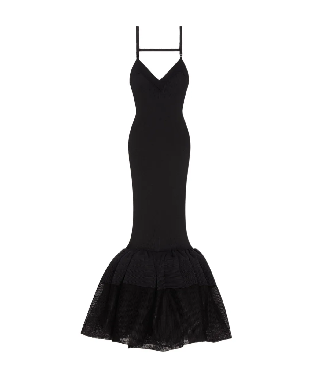 Open Back Ruffled Dress In Fine Rib