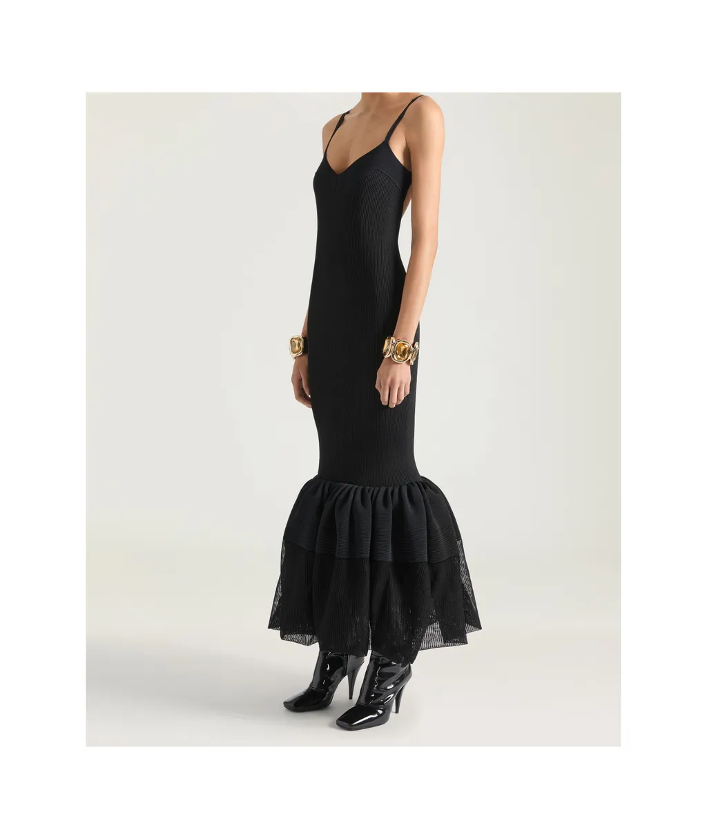 Open Back Ruffled Dress In Fine Rib