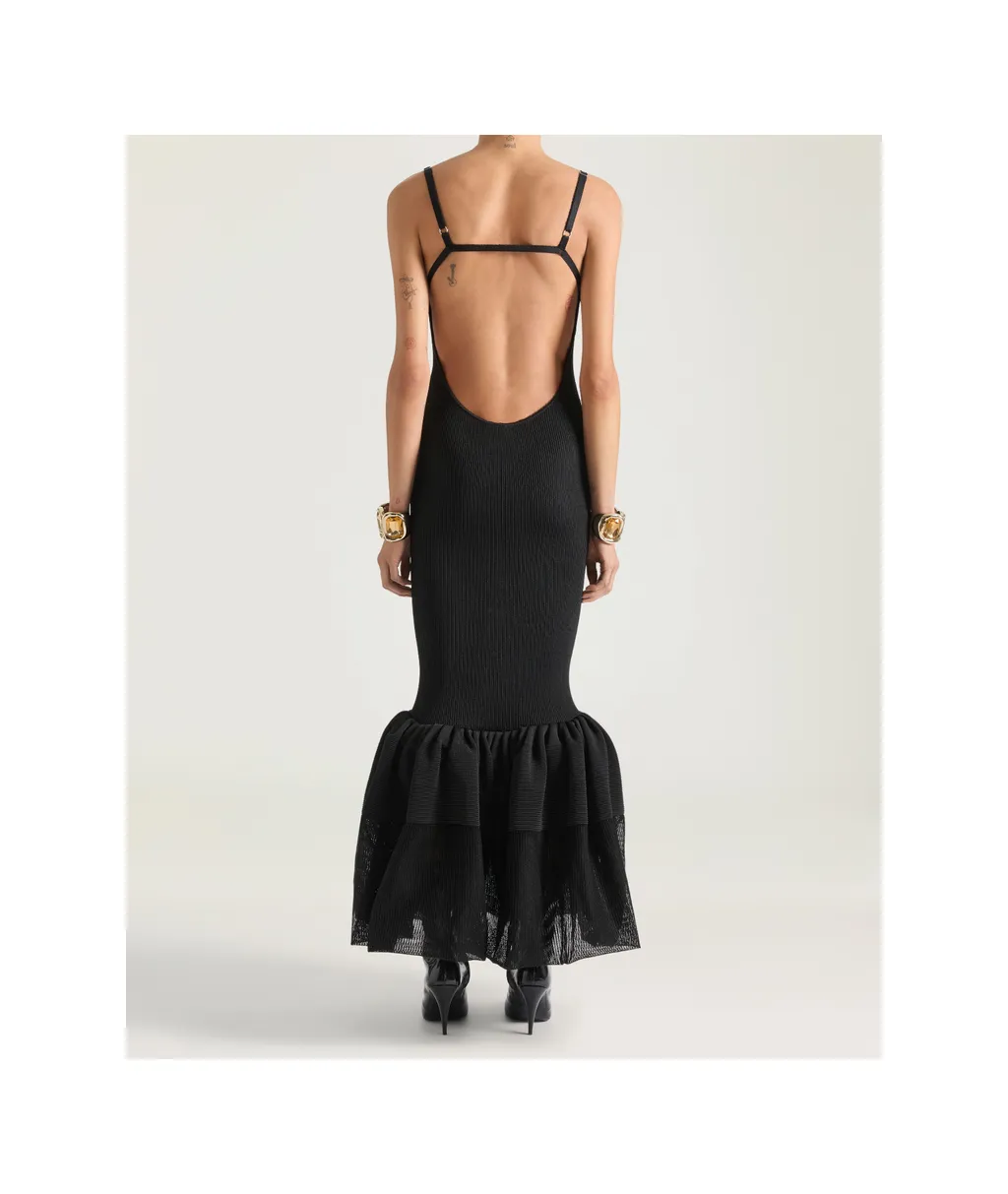 Open Back Ruffled Dress In Fine Rib