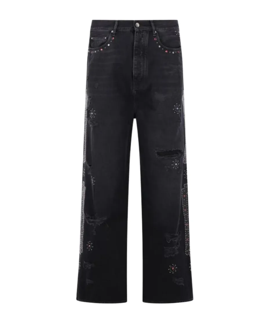 Studded Ripped Wide-Leg Jeans