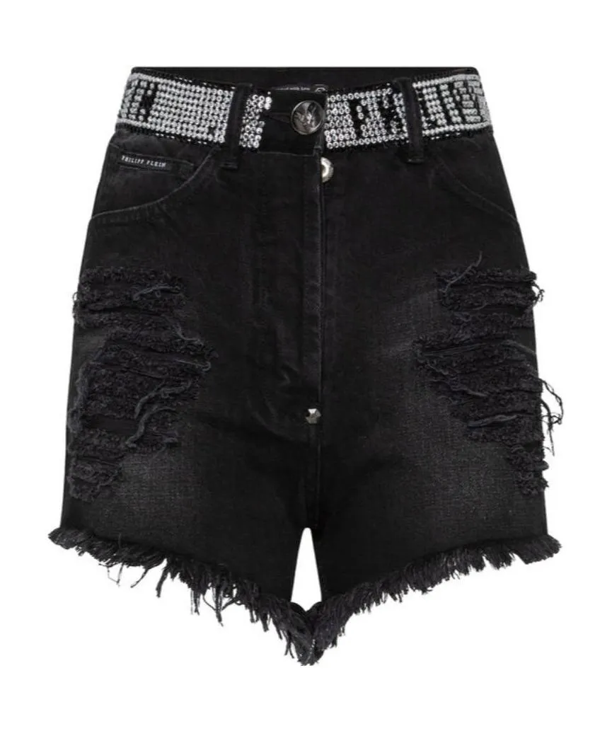 Black And Gray Logo Details Denim Shorts