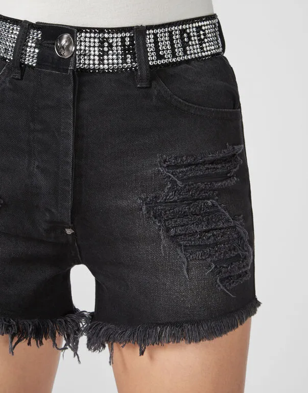 Black And Gray Logo Details Denim Shorts