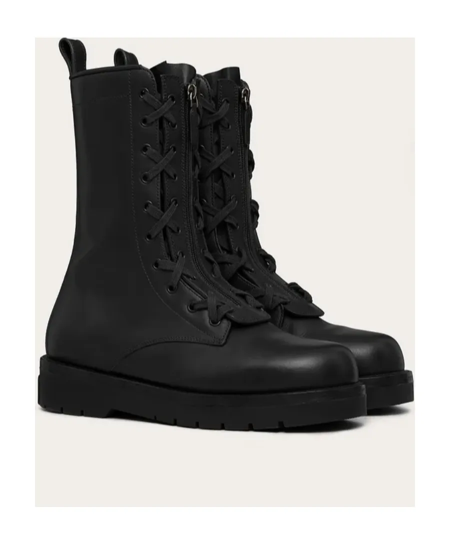 Valentino Round Toe Lace-Up Combat Boots