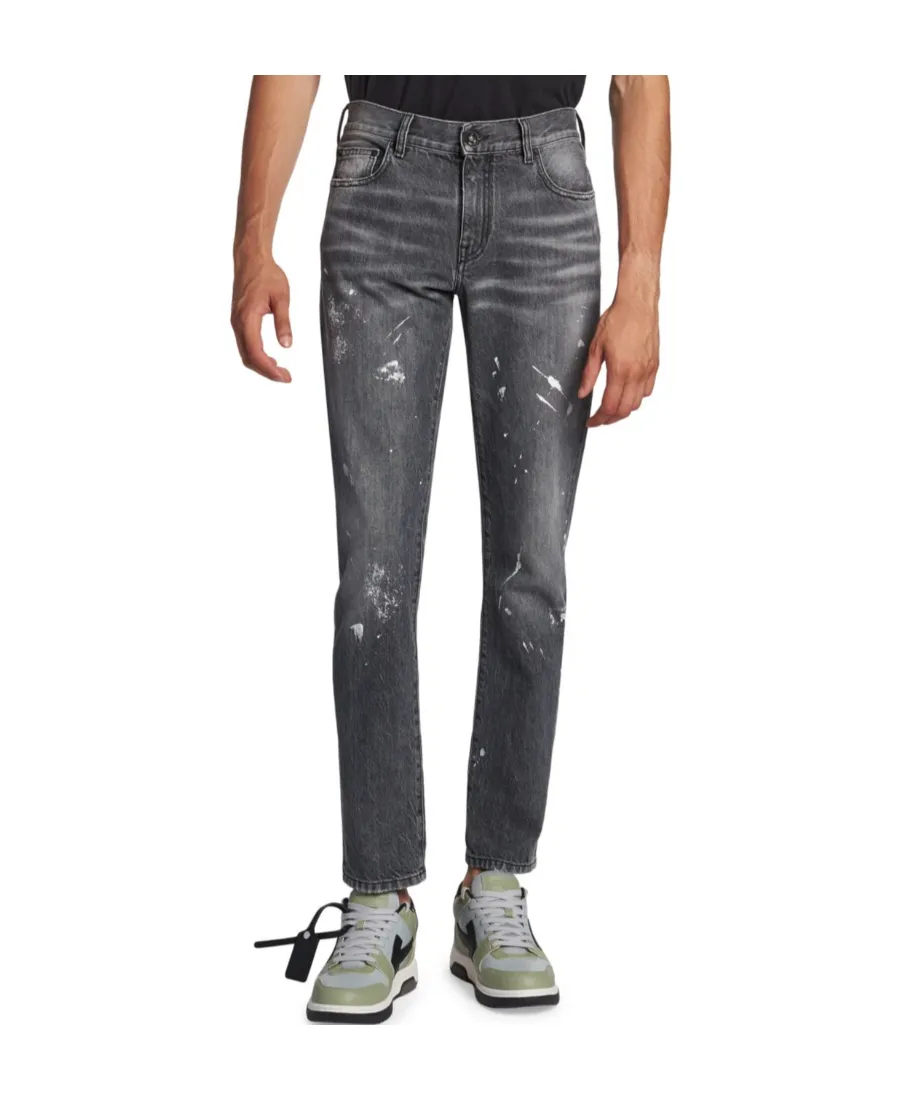 Off-White Diag-Striped Distressed Straight Leg Jeans
