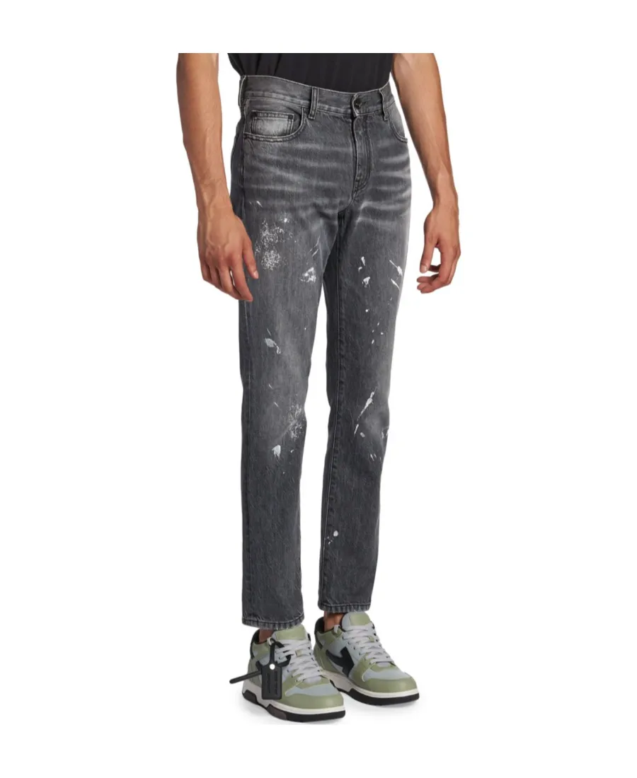 Off-White Diag-Striped Distressed Straight Leg Jeans