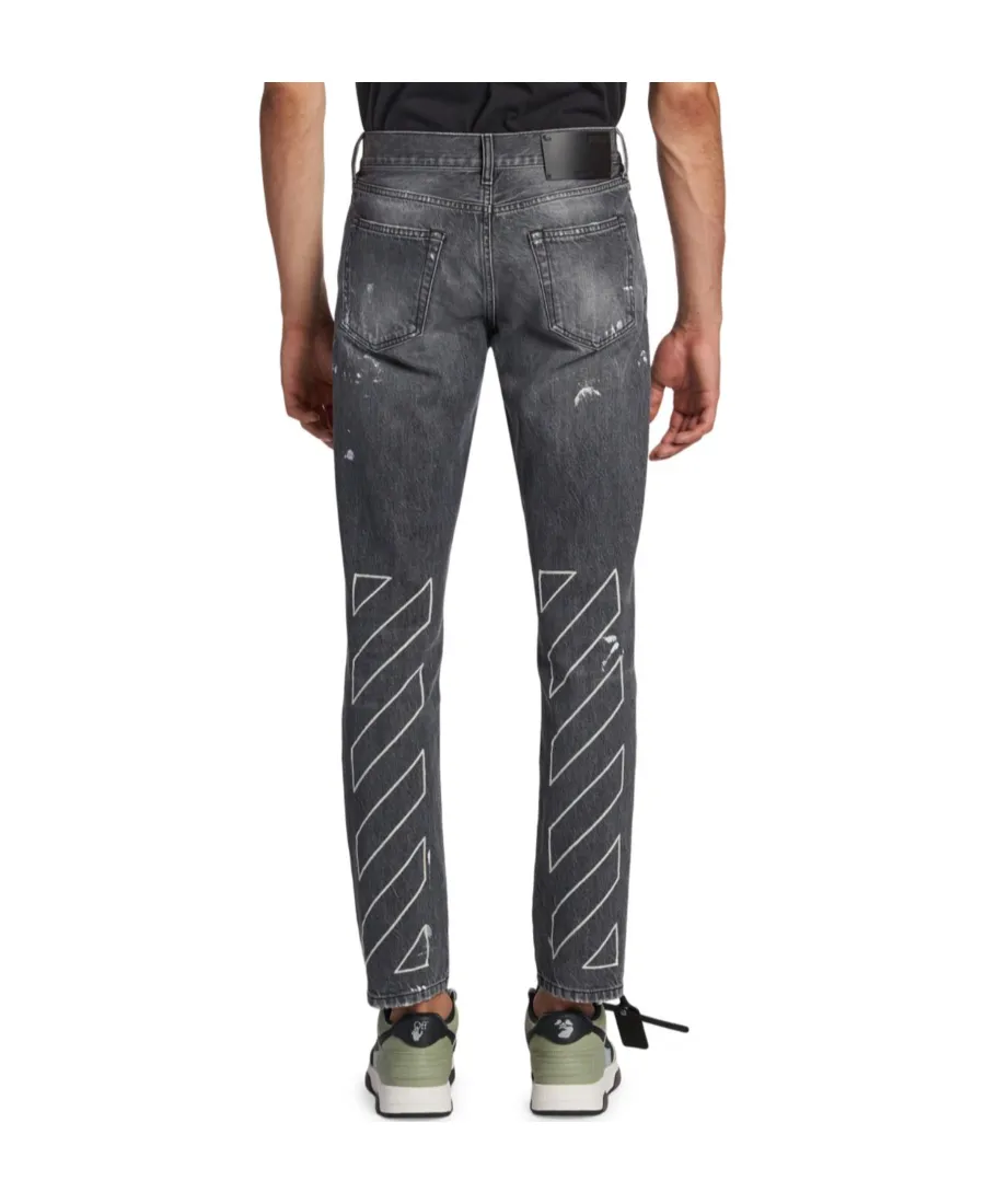 Off-White Diag-Striped Distressed Straight Leg Jeans