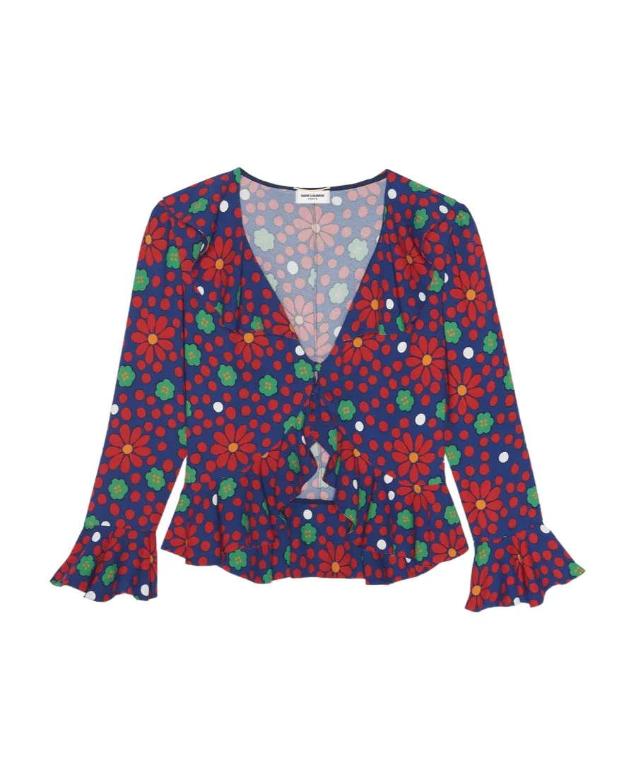 Saint Laurent Ruffled V-Neck Blouse