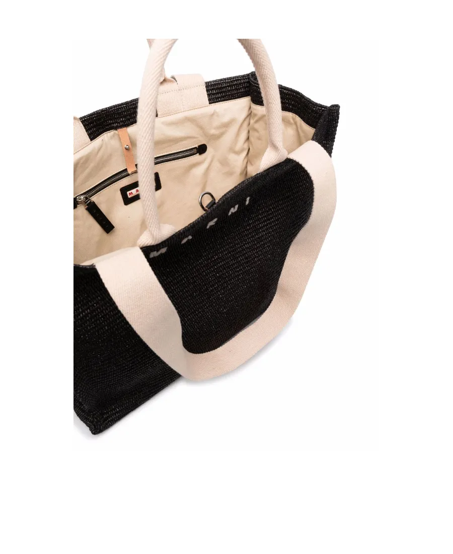Marni Logo Embroidered Raffia Top Handle Tote Bag