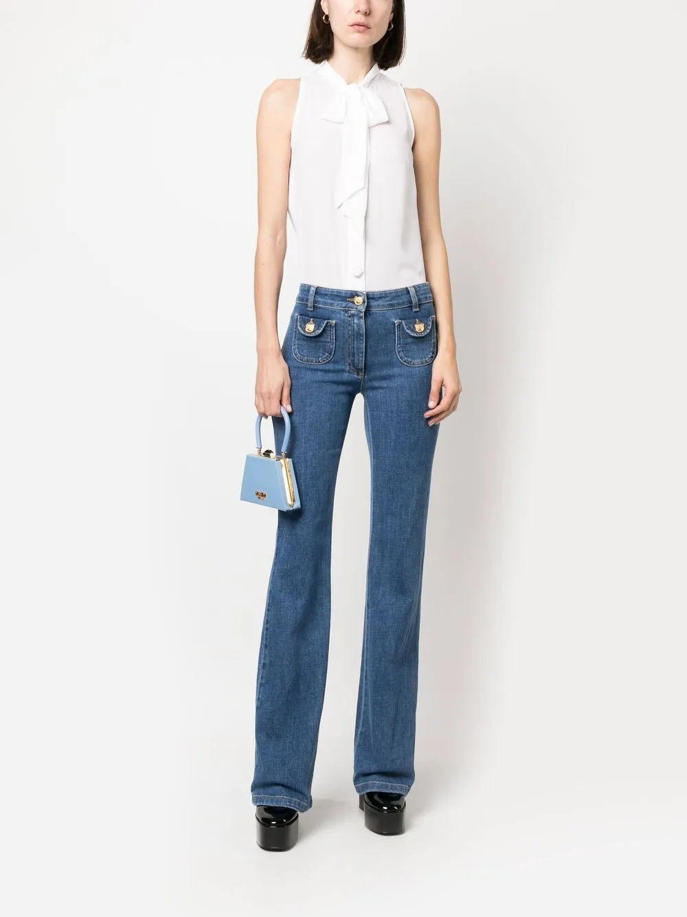 Moschino Sleeveless Pussy-Bow Buttoned Blouse