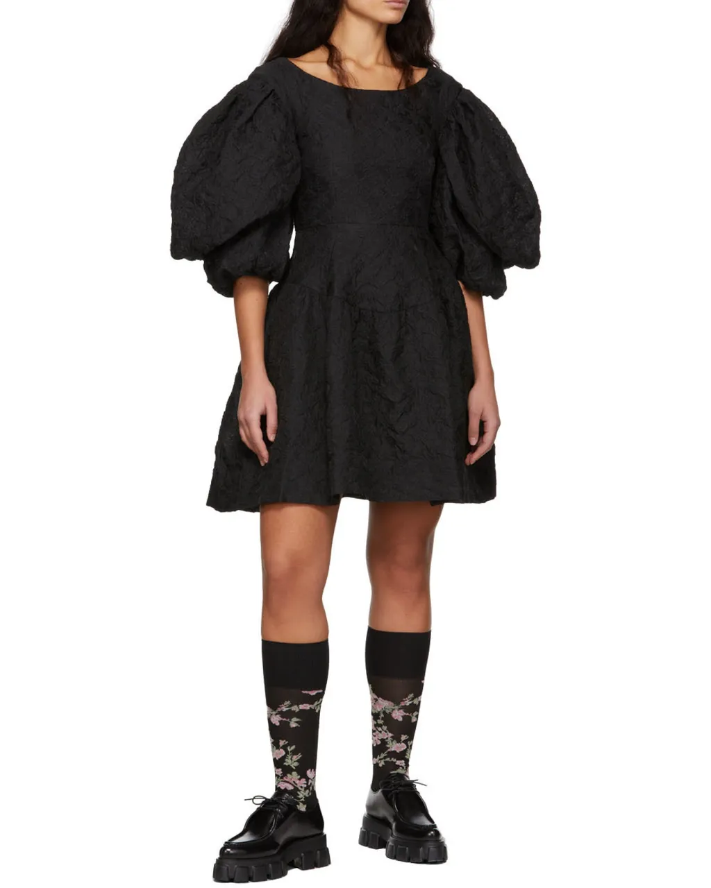 Jacquard Puff-Sleeve Mini Dress