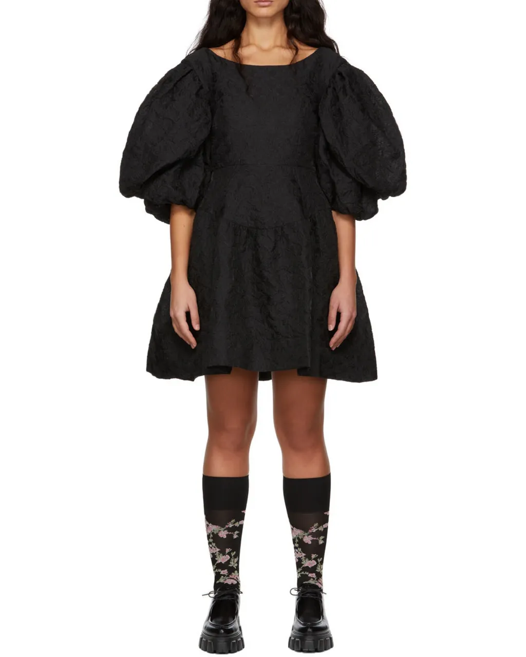 Jacquard Puff-Sleeve Mini Dress