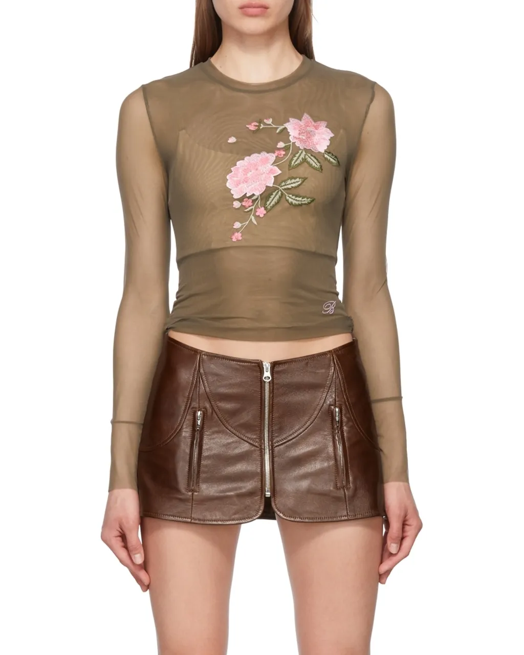 Floral-Embroidered Sheer Top