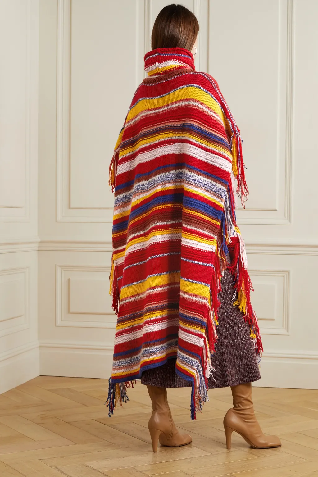 Fringed Striped Turtleneck Cape