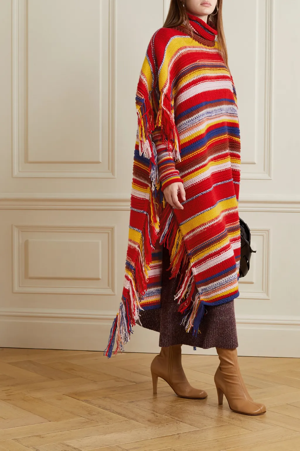 Fringed Striped Turtleneck Cape