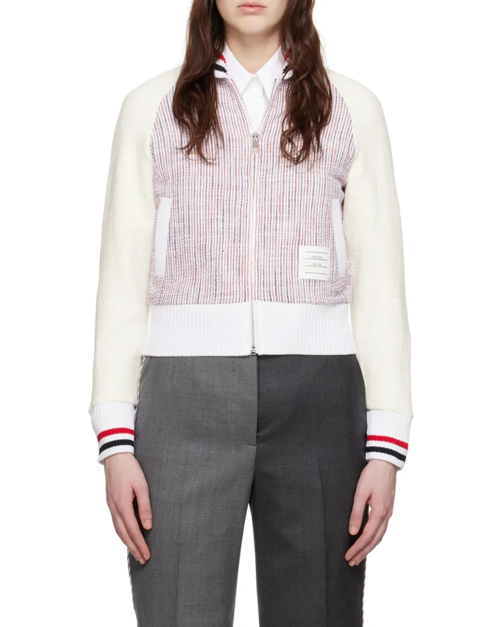 Thom Browne Rwb Striped Tweed Bomber Jacket