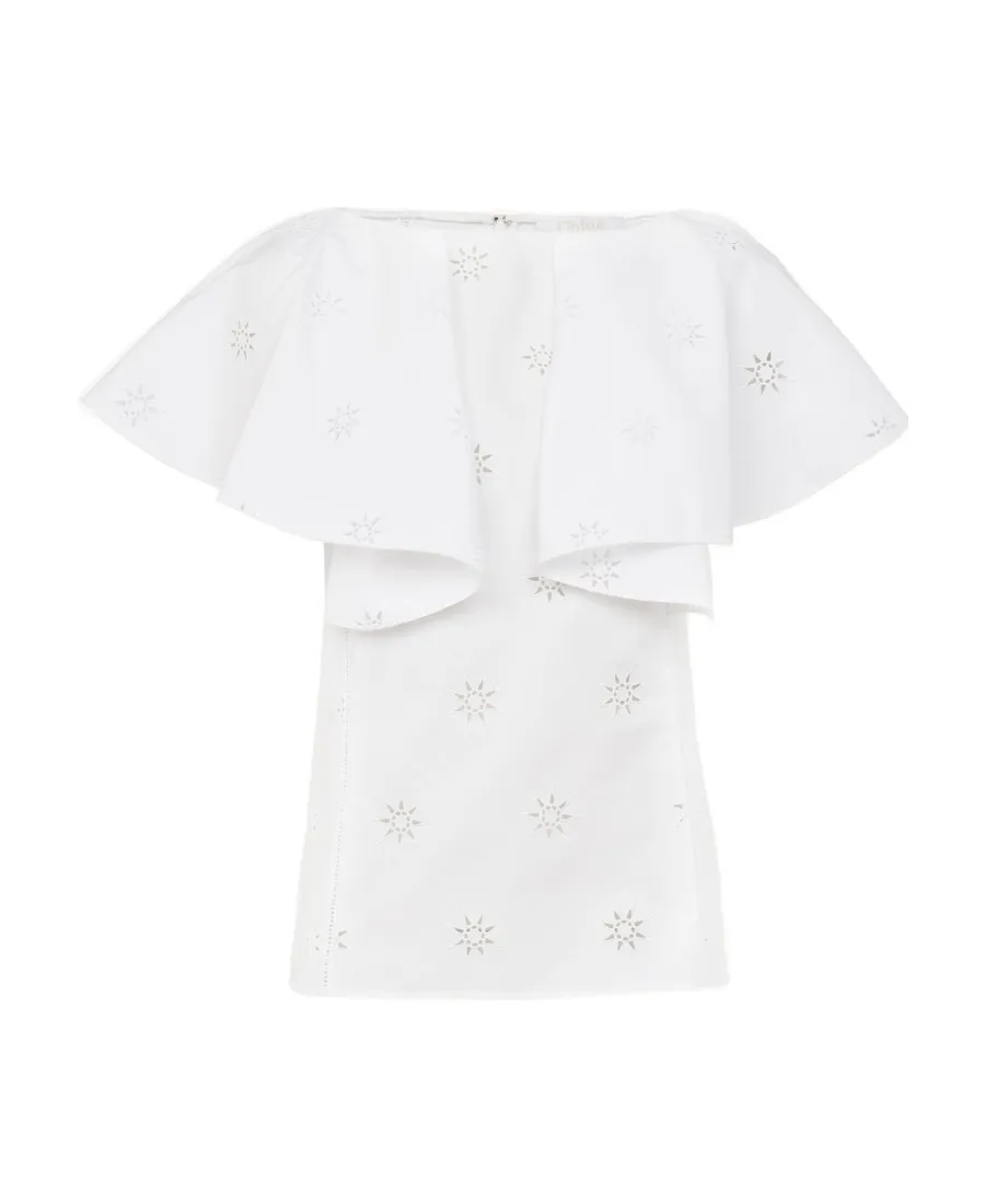 Broderie-Anglaise Cape-Sleeved Cotton Blouse