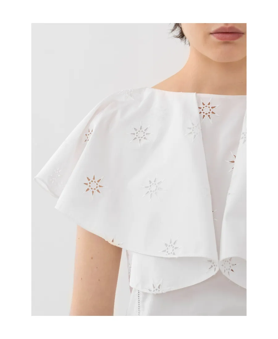 Broderie-Anglaise Cape-Sleeved Cotton Blouse