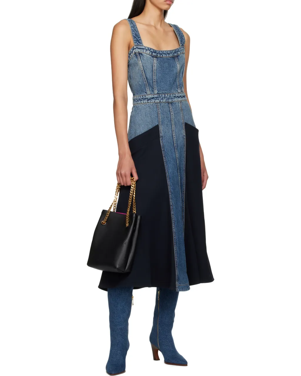 Paneled Denim Midi Dress