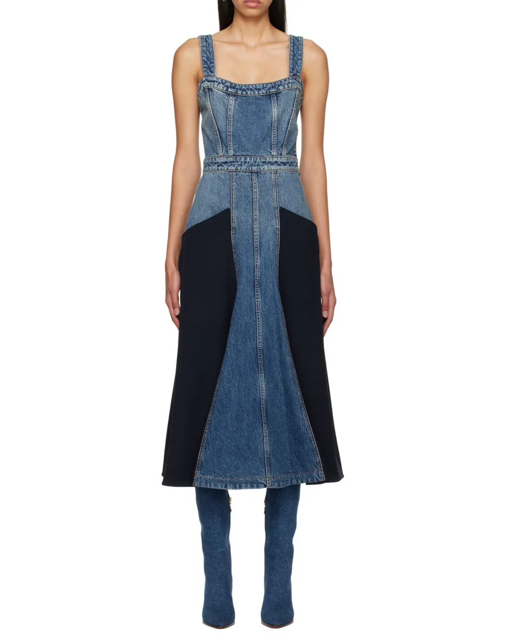 Paneled Denim Midi Dress