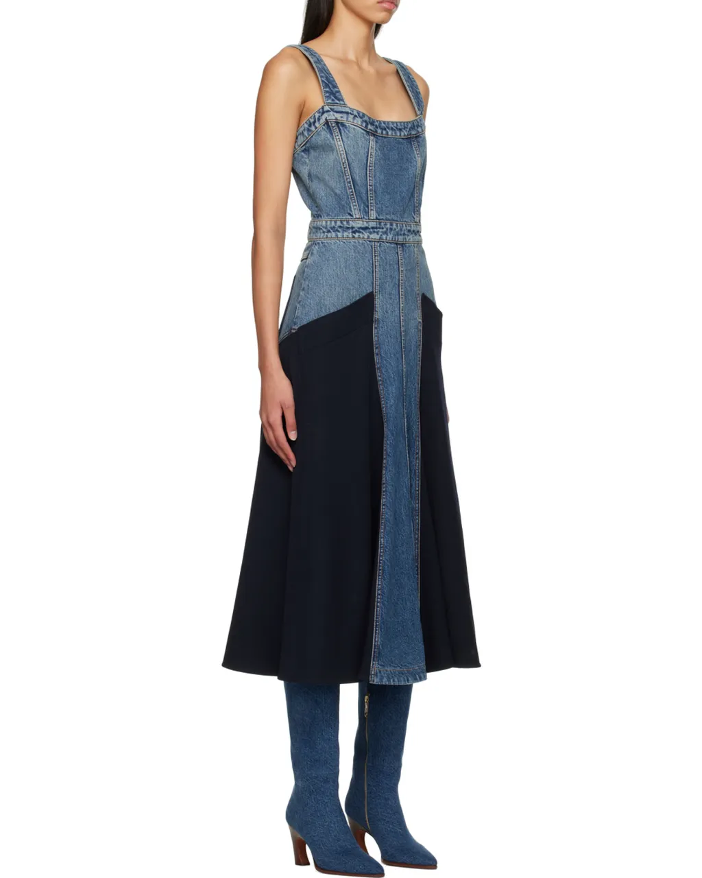 Paneled Denim Midi Dress