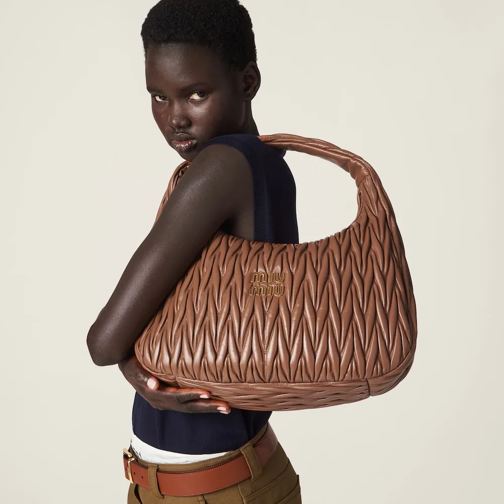 Miu Wander Matelassé Nappa Leather Hobo Bag