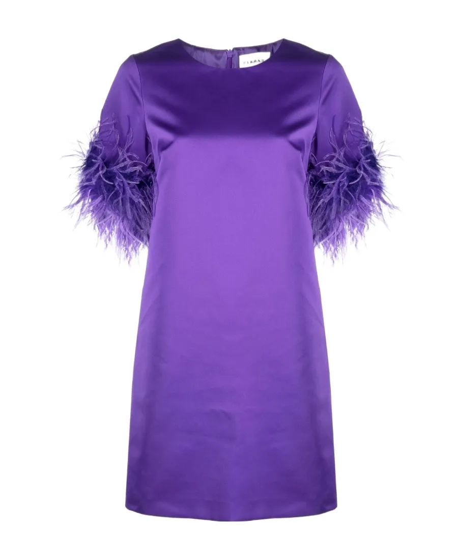 Feather-Trim Satin Dress