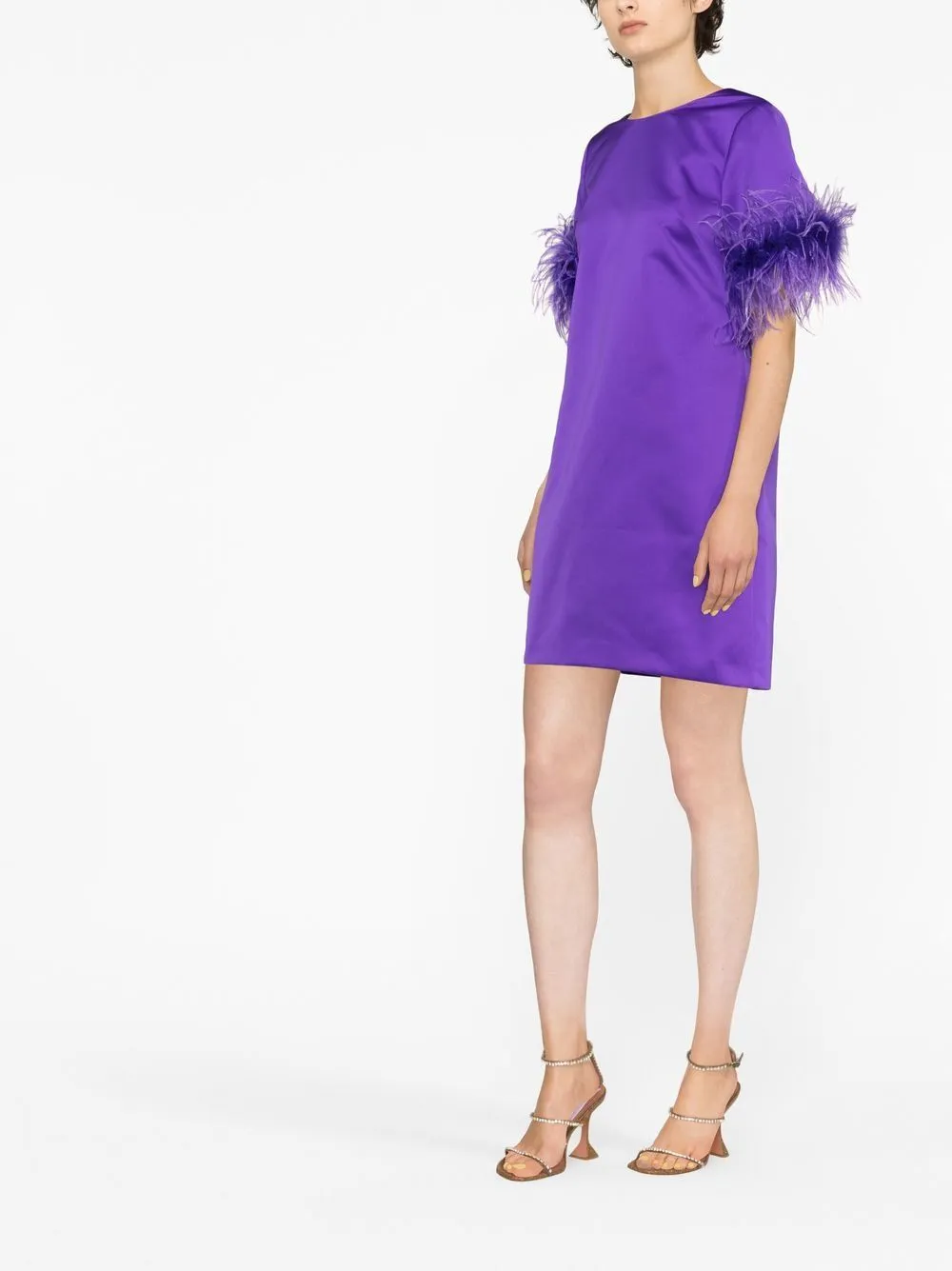 Feather-Trim Satin Dress