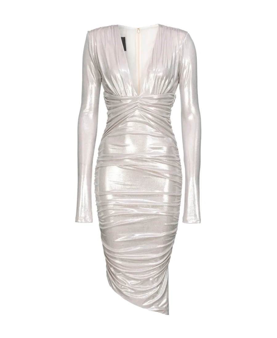 Pinko Asymmetric-Hem Gathered Metallic Midi Dress