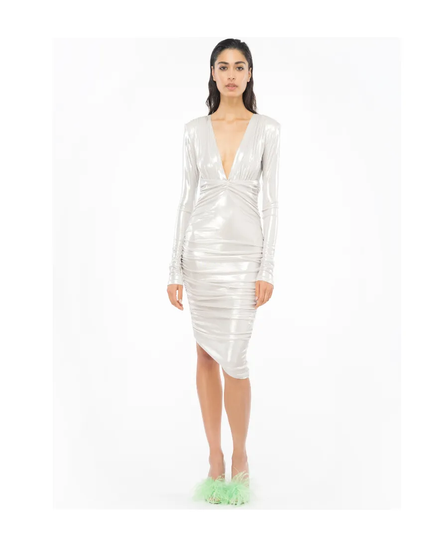 Pinko Asymmetric-Hem Gathered Metallic Midi Dress