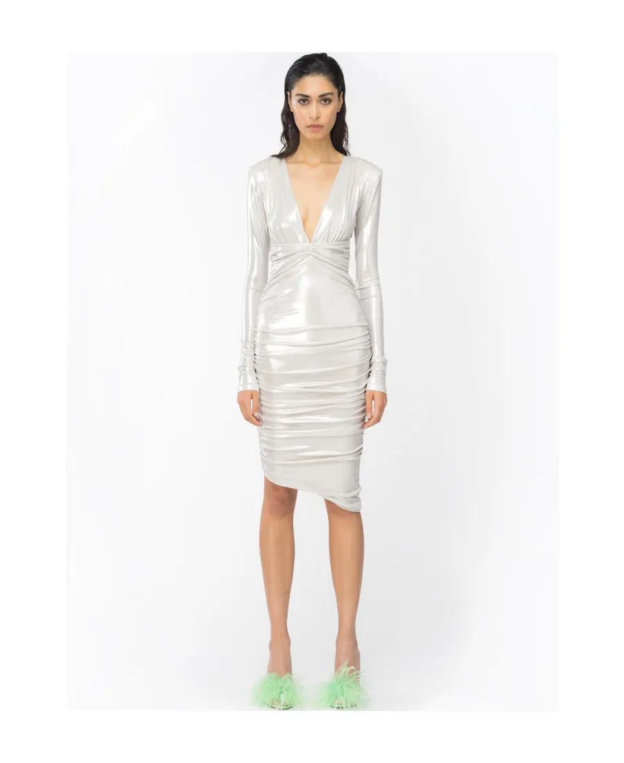 Pinko Asymmetric-Hem Gathered Metallic Midi Dress