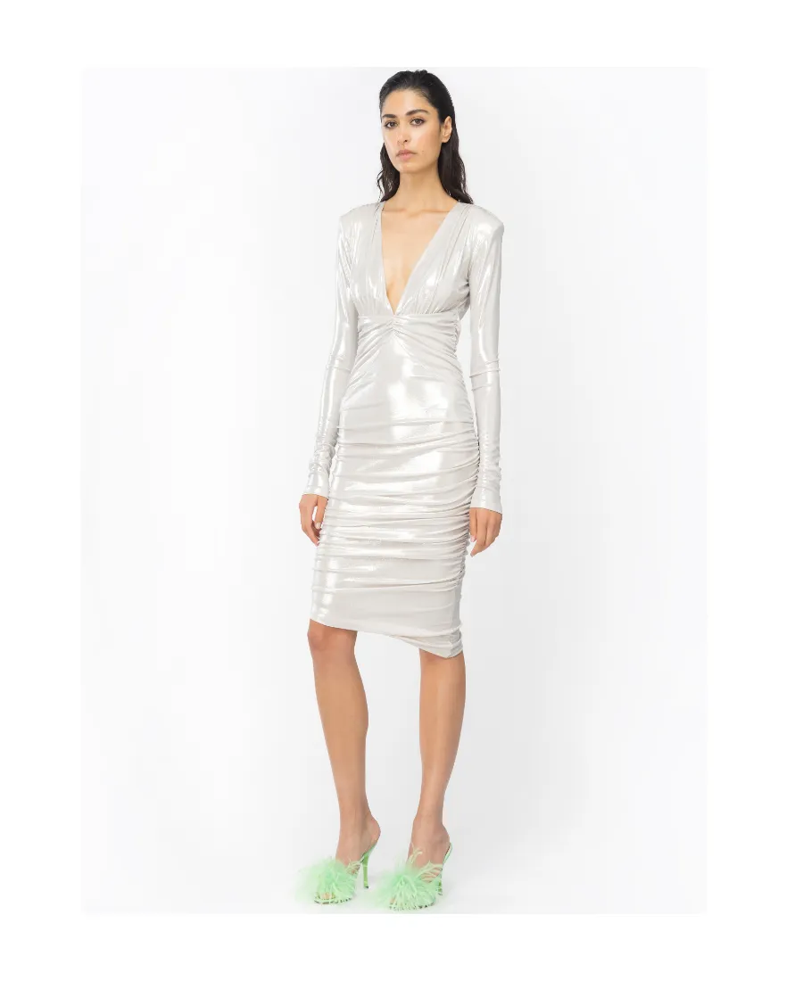 Pinko Asymmetric-Hem Gathered Metallic Midi Dress