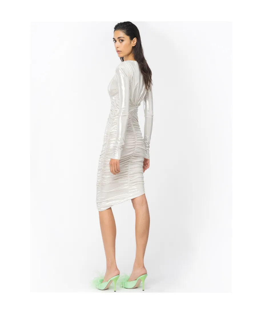 Pinko Asymmetric-Hem Gathered Metallic Midi Dress