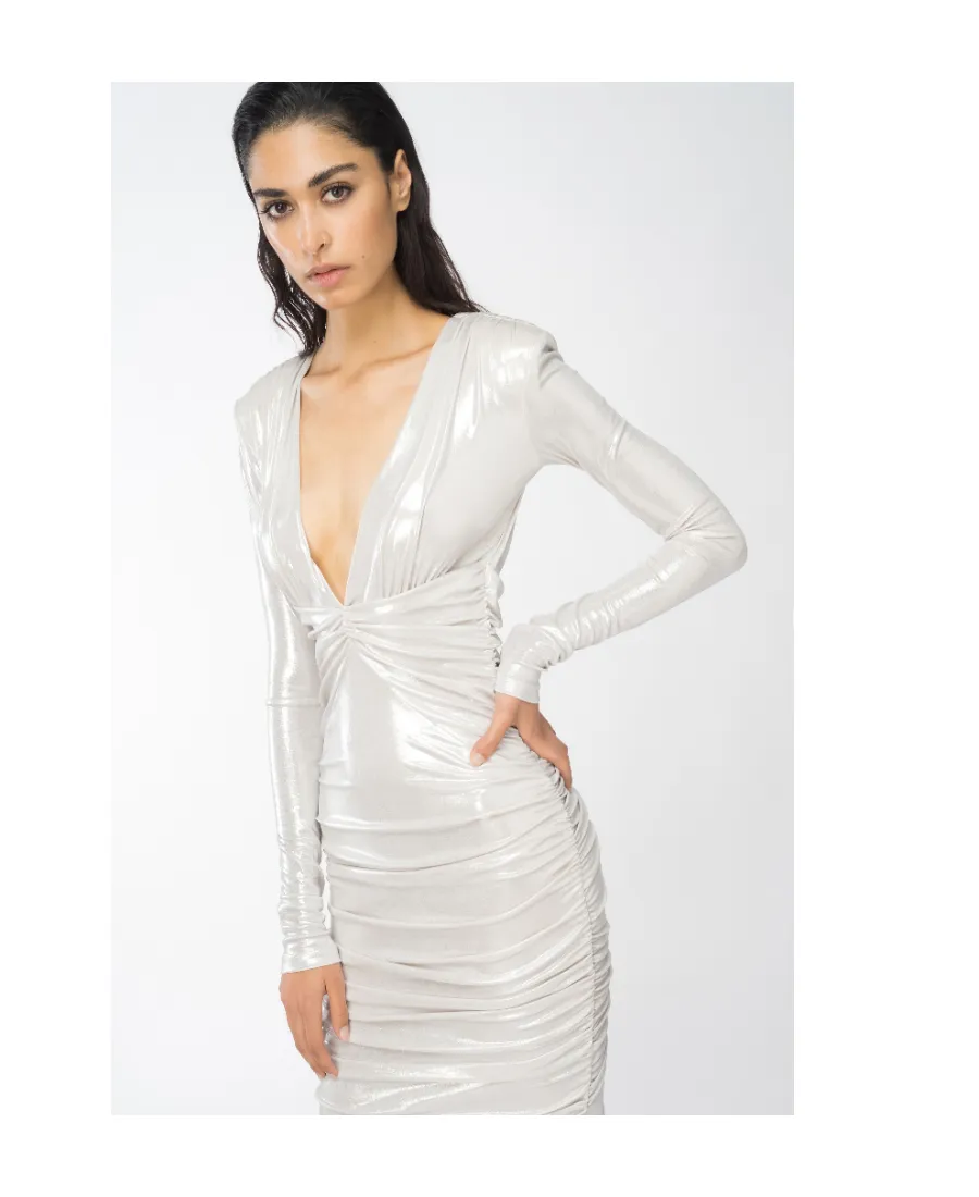Pinko Asymmetric-Hem Gathered Metallic Midi Dress