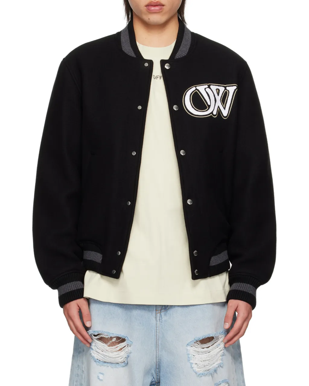 Off-White Buttoned Long-Sleeved Bomber Jacket