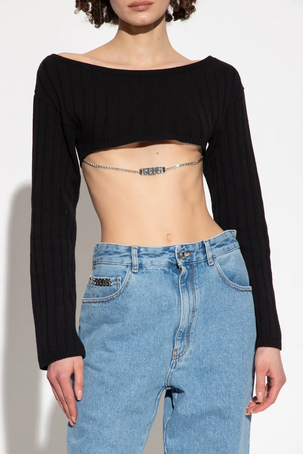 Gcds Boat Neck Cropped Knitted Top